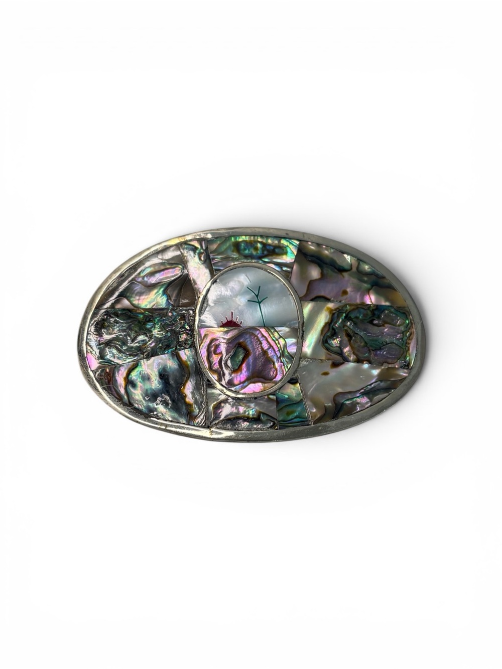 (267)Vintage Belt Buckle Alpaca Mexico Oval Abalone Shell Inlay 1970’s